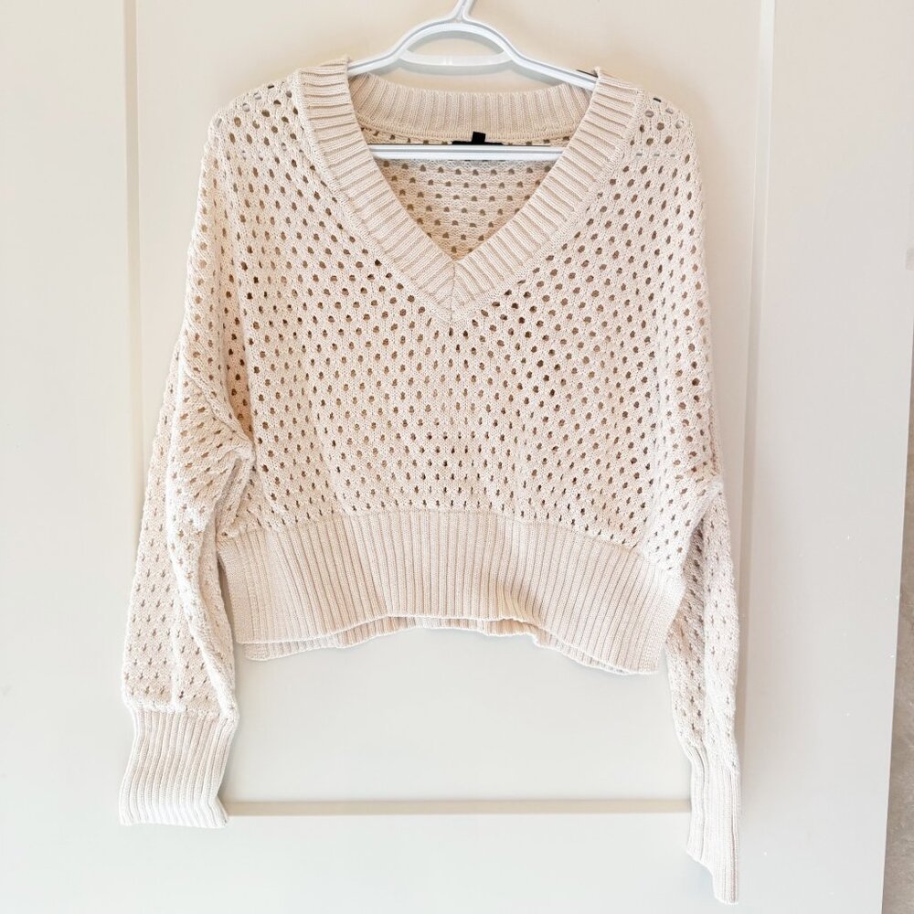 Dynamite P/S Open-Knit V-Neck Cropped Sweater Beige 100% Cotton Long Sleeve